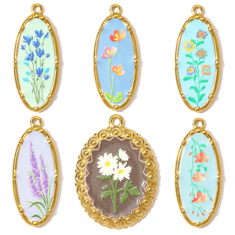 6pcs/pack Oil Painting Style Stainless Steel Balsam Oval Necklace Pendant Enamel Pruple Lavender DIY Charm Women Flower Jewelry