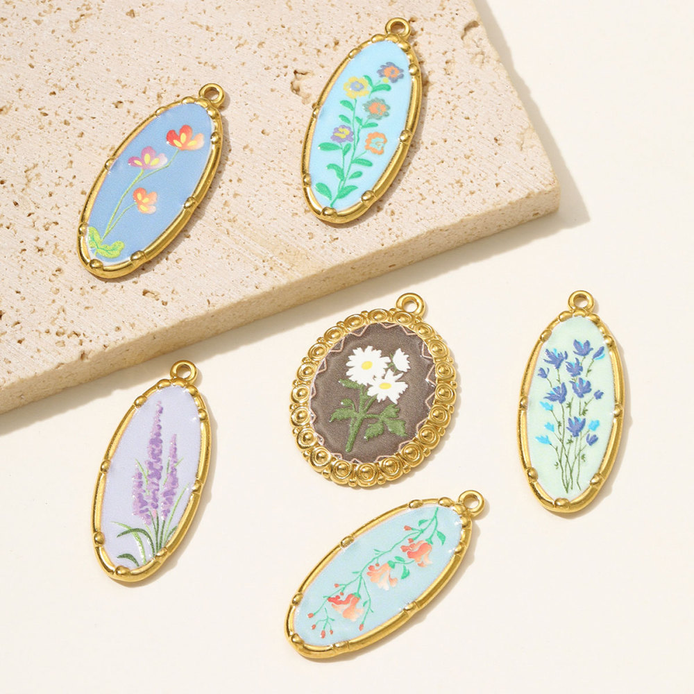 6pcs/pack Oil Painting Style Stainless Steel Balsam Oval Necklace Pendant Enamel Pruple Lavender DIY Charm Women Flower Jewelry
