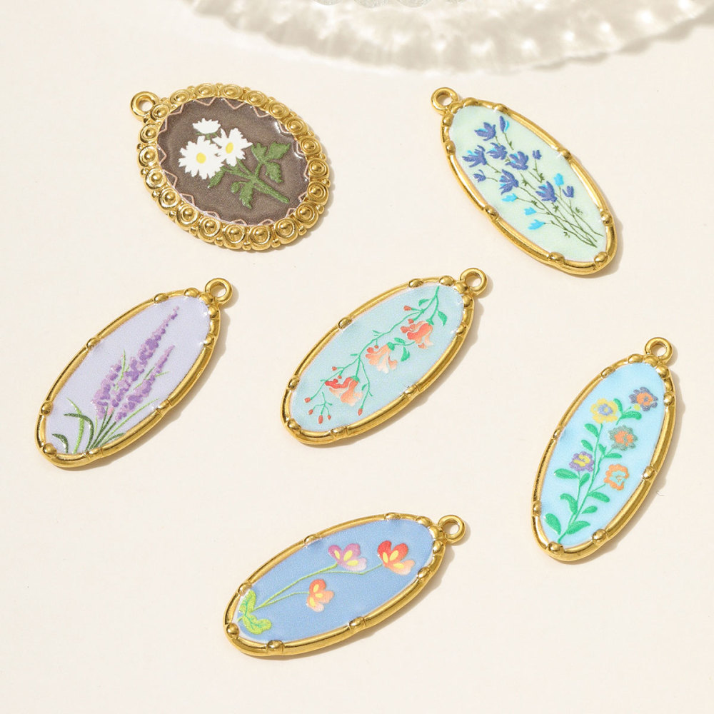 6pcs/pack Oil Painting Style Stainless Steel Balsam Oval Necklace Pendant Enamel Pruple Lavender DIY Charm Women Flower Jewelry