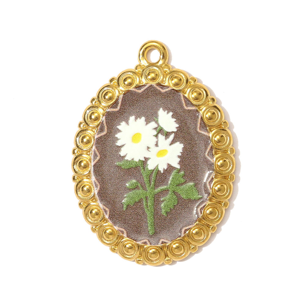 6pcs/pack Oil Painting Style Stainless Steel Balsam Oval Necklace Pendant Enamel Pruple Lavender DIY Charm Women Flower Jewelry