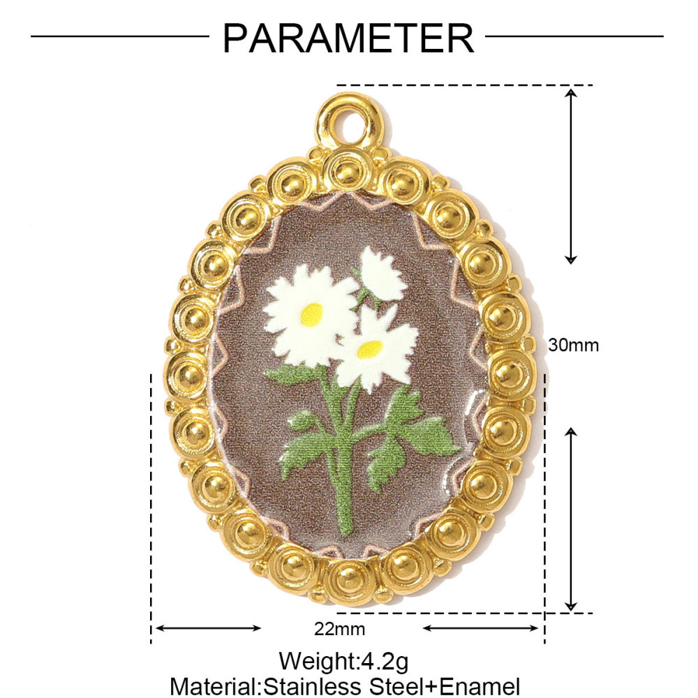 6pcs/pack Oil Painting Style Stainless Steel Balsam Oval Necklace Pendant Enamel Pruple Lavender DIY Charm Women Flower Jewelry