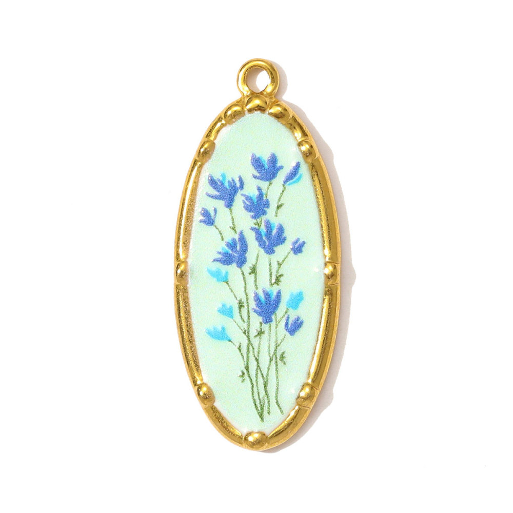 6pcs/pack Oil Painting Style Stainless Steel Balsam Oval Necklace Pendant Enamel Pruple Lavender DIY Charm Women Flower Jewelry