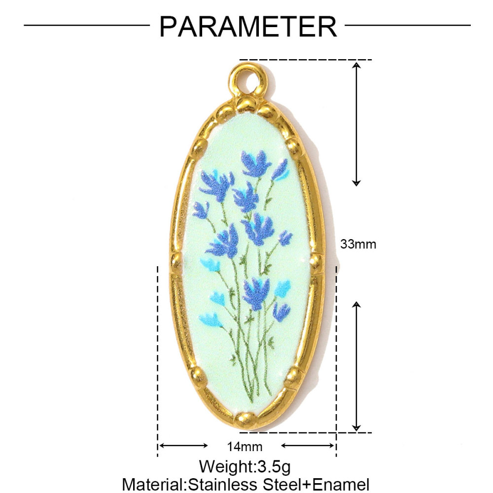 6pcs/pack Oil Painting Style Stainless Steel Balsam Oval Necklace Pendant Enamel Pruple Lavender DIY Charm Women Flower Jewelry