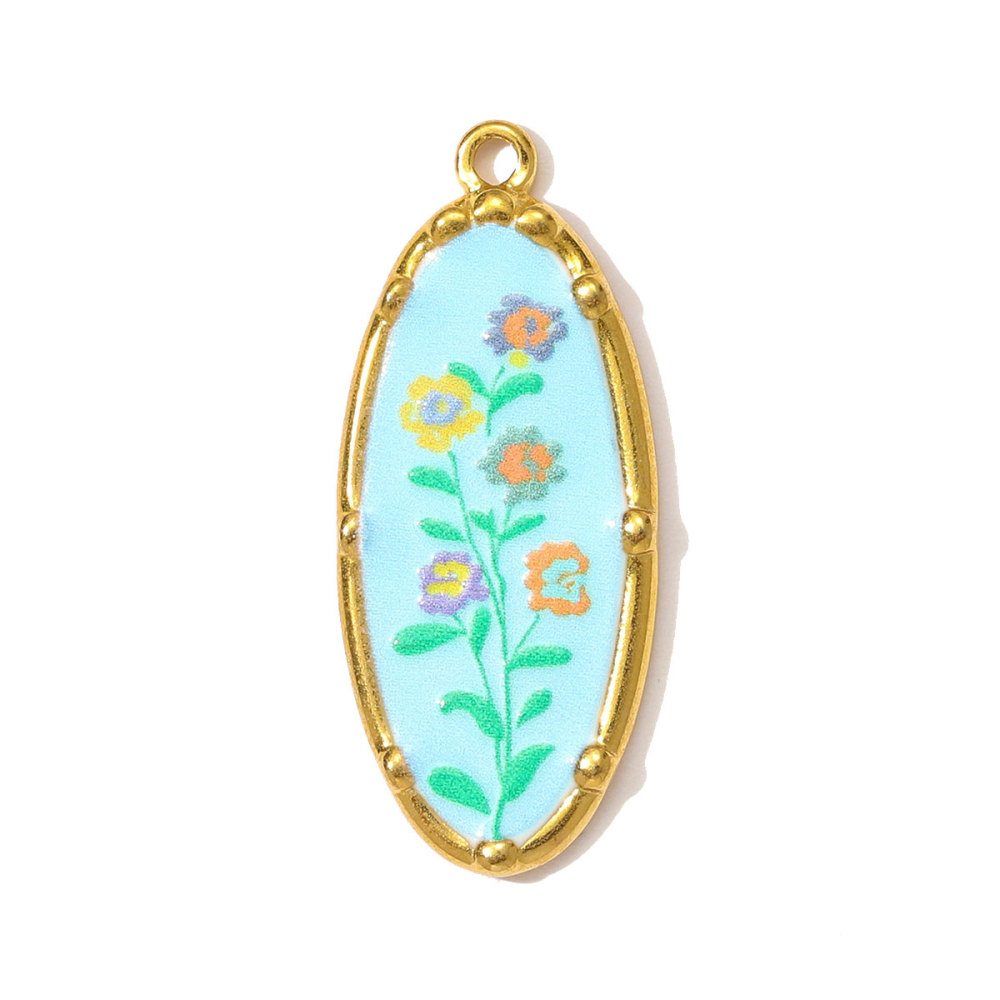 6pcs/pack Oil Painting Style Stainless Steel Balsam Oval Necklace Pendant Enamel Pruple Lavender DIY Charm Women Flower Jewelry