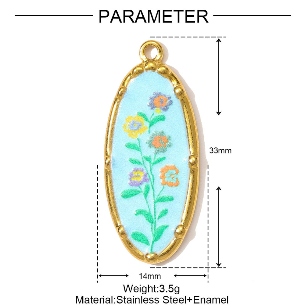 6pcs/pack Oil Painting Style Stainless Steel Balsam Oval Necklace Pendant Enamel Pruple Lavender DIY Charm Women Flower Jewelry