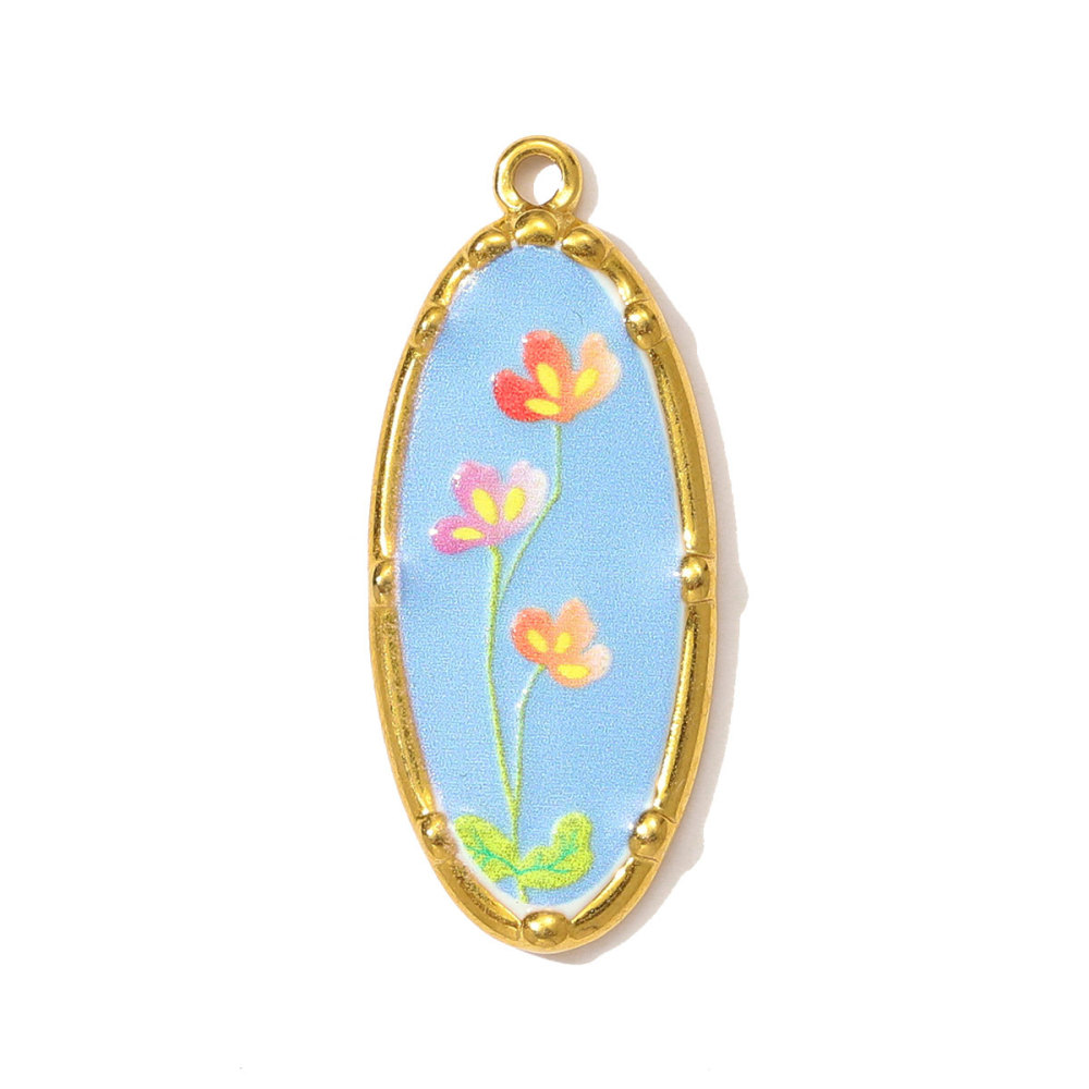 6pcs/pack Oil Painting Style Stainless Steel Balsam Oval Necklace Pendant Enamel Pruple Lavender DIY Charm Women Flower Jewelry