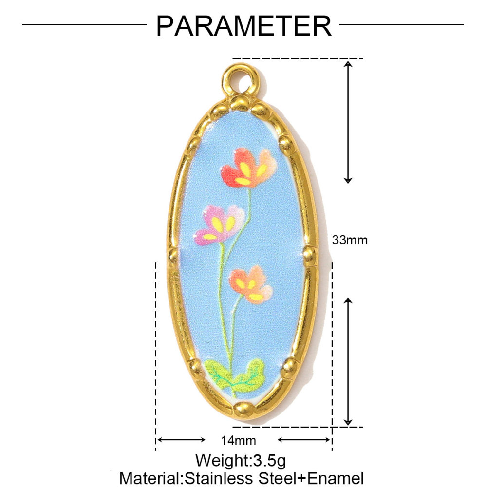 6pcs/pack Oil Painting Style Stainless Steel Balsam Oval Necklace Pendant Enamel Pruple Lavender DIY Charm Women Flower Jewelry