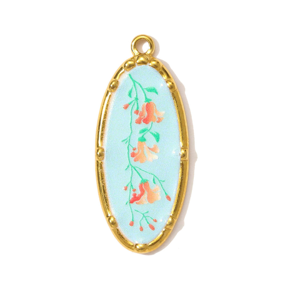 6pcs/pack Oil Painting Style Stainless Steel Balsam Oval Necklace Pendant Enamel Pruple Lavender DIY Charm Women Flower Jewelry