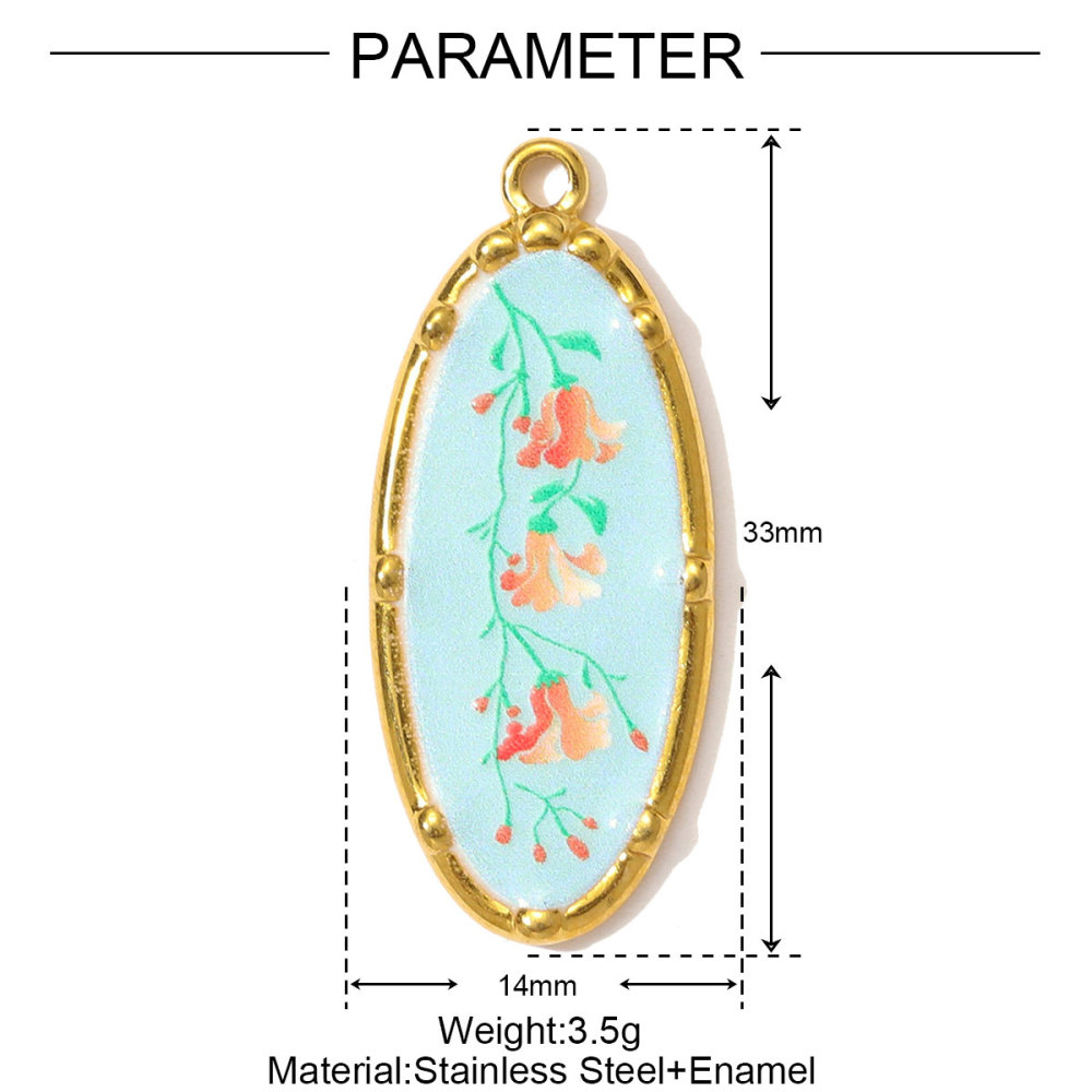 6pcs/pack Oil Painting Style Stainless Steel Balsam Oval Necklace Pendant Enamel Pruple Lavender DIY Charm Women Flower Jewelry