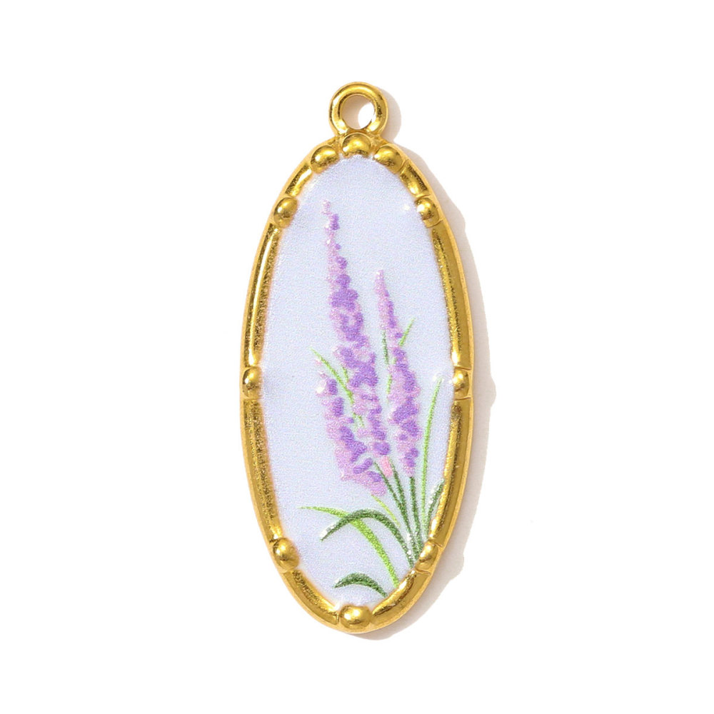 6pcs/pack Oil Painting Style Stainless Steel Balsam Oval Necklace Pendant Enamel Pruple Lavender DIY Charm Women Flower Jewelry
