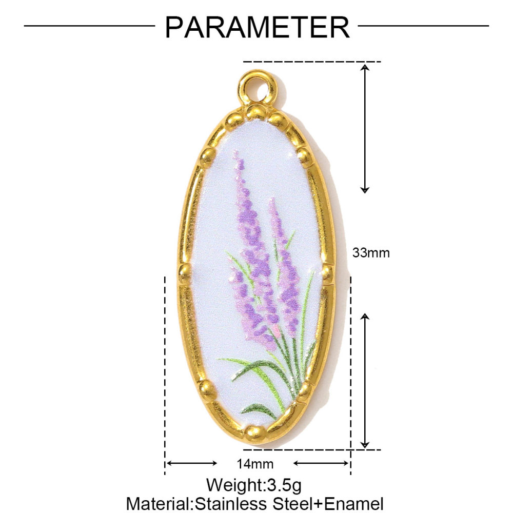 6pcs/pack Oil Painting Style Stainless Steel Balsam Oval Necklace Pendant Enamel Pruple Lavender DIY Charm Women Flower Jewelry