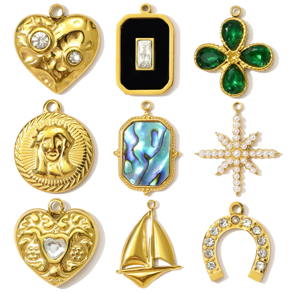 6pcs/pack Retro Stainless Steel Rhinestone Heart Clover Necklace Pendant Sailboat Shell DIY Earring Charm Women Pearl Star Jewelry