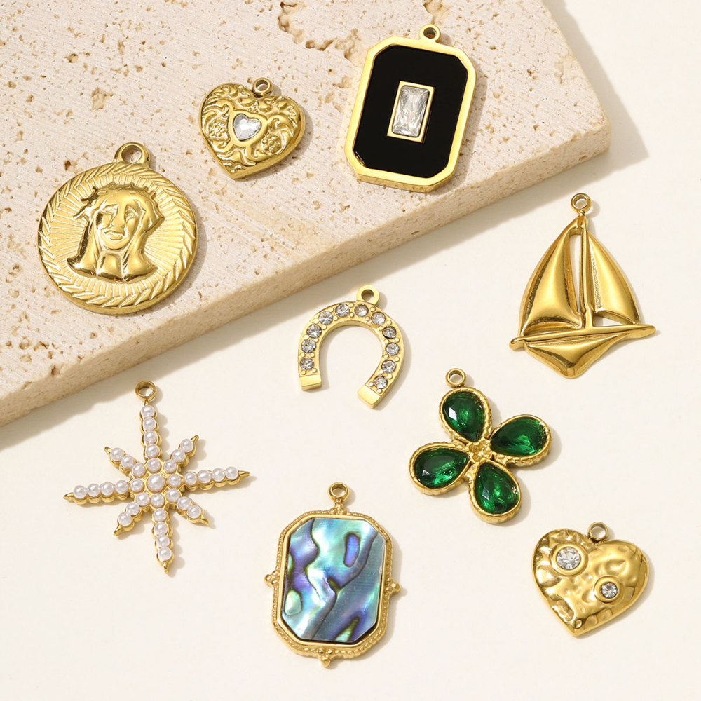 6pcs/pack Retro Stainless Steel Rhinestone Heart Clover Necklace Pendant Sailboat Shell DIY Earring Charm Women Pearl Star Jewelry