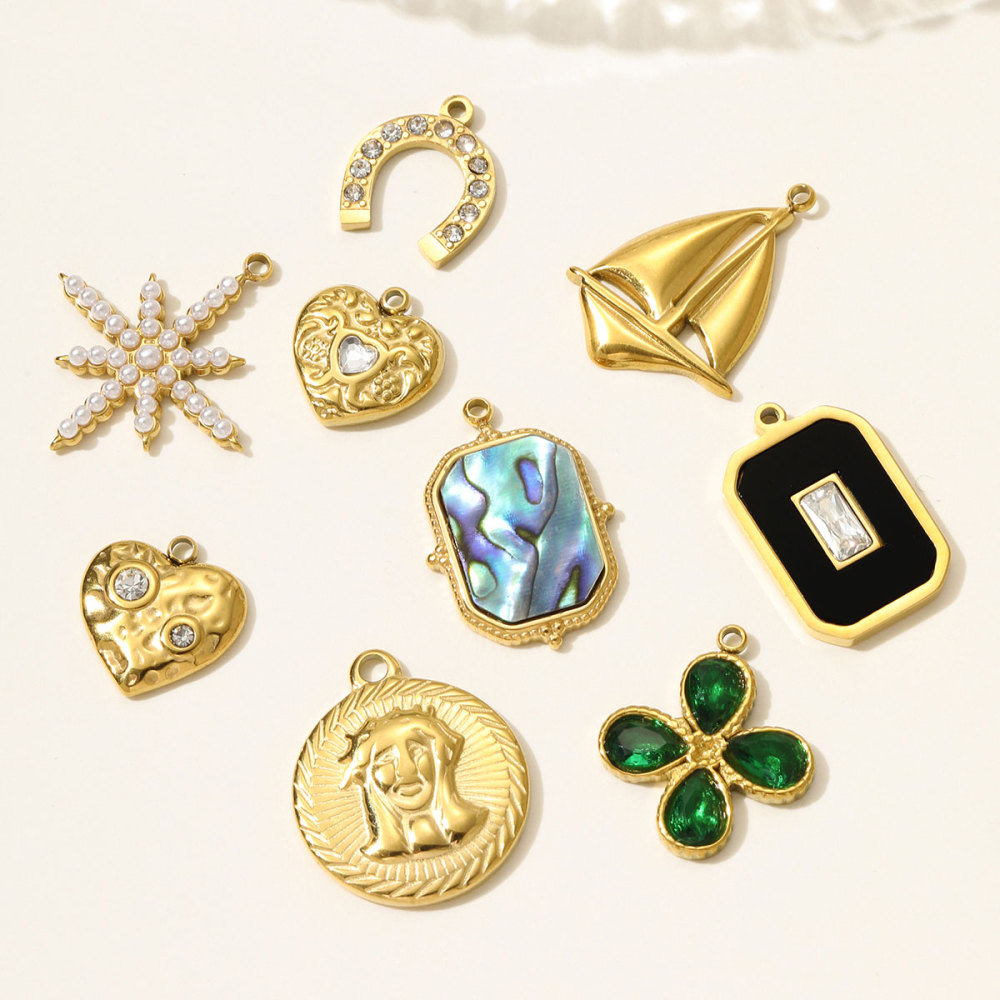 6pcs/pack Retro Stainless Steel Rhinestone Heart Clover Necklace Pendant Sailboat Shell DIY Earring Charm Women Pearl Star Jewelry