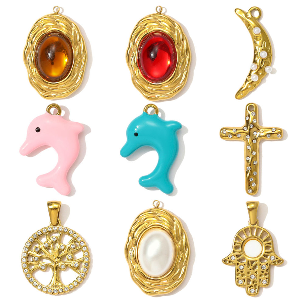 6pcs/pack Rhinestone Life Tree Dolphin Stainless Steel Necklace Pendant Cross Hand DIY Earring Charm Women Oval Stone Jewelry
