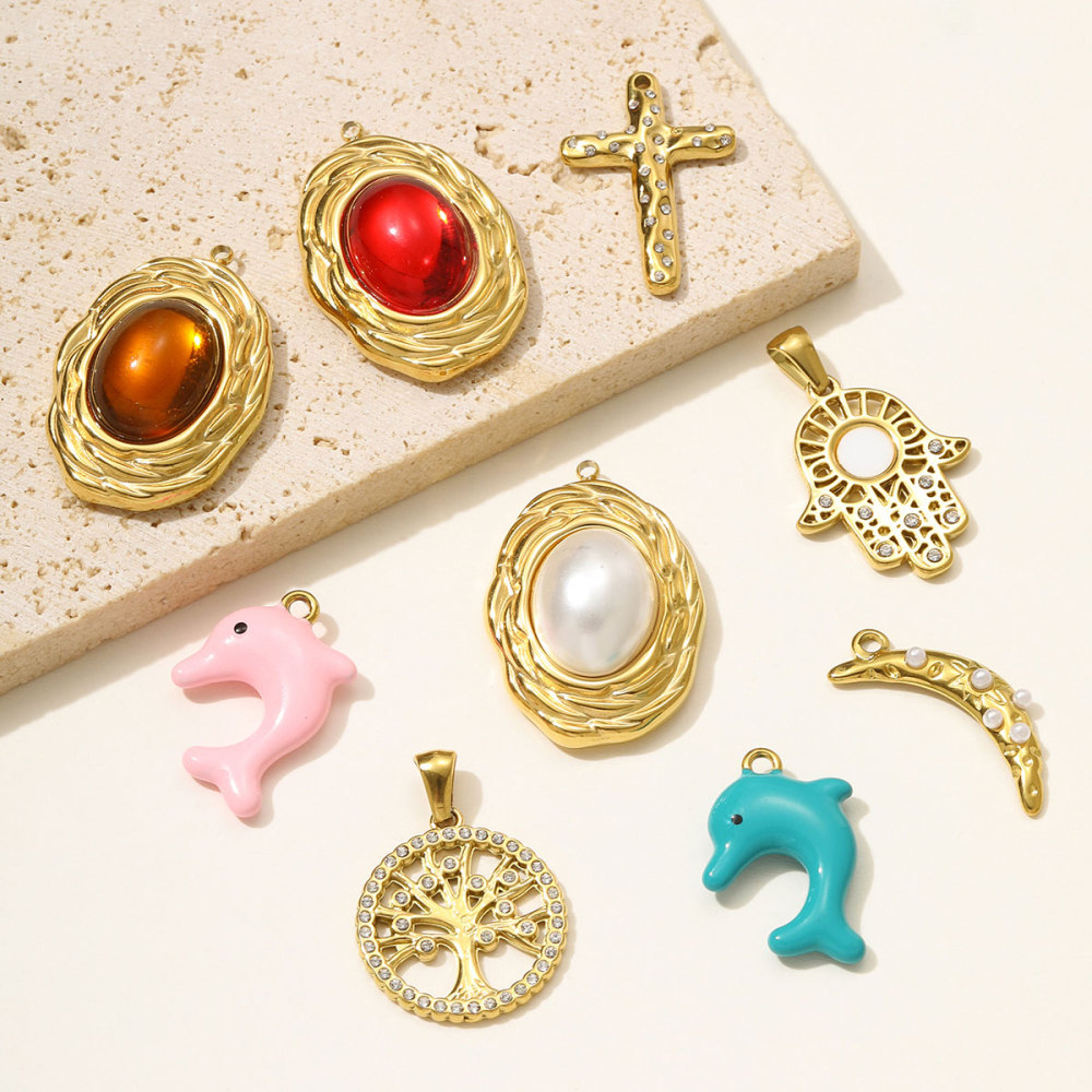 6pcs/pack Rhinestone Life Tree Dolphin Stainless Steel Necklace Pendant Cross Hand DIY Earring Charm Women Oval Stone Jewelry