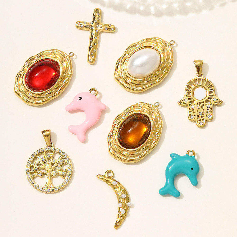 6pcs/pack Rhinestone Life Tree Dolphin Stainless Steel Necklace Pendant Cross Hand DIY Earring Charm Women Oval Stone Jewelry