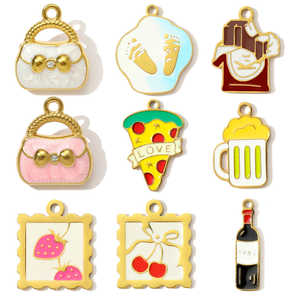 6pcs/pack Stainless Steel Enamel Hand Bag Cherry Necklace Pendants Winebottle Pizza DIY Charms Women Beer Chocolate Jewelry