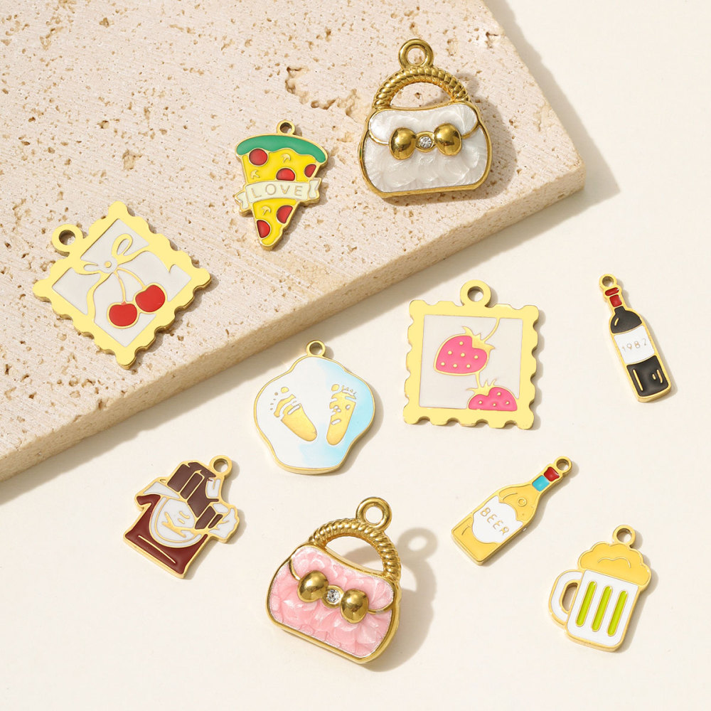 6pcs/pack Stainless Steel Enamel Hand Bag Cherry Necklace Pendants Winebottle Pizza DIY Charms Women Beer Chocolate Jewelry