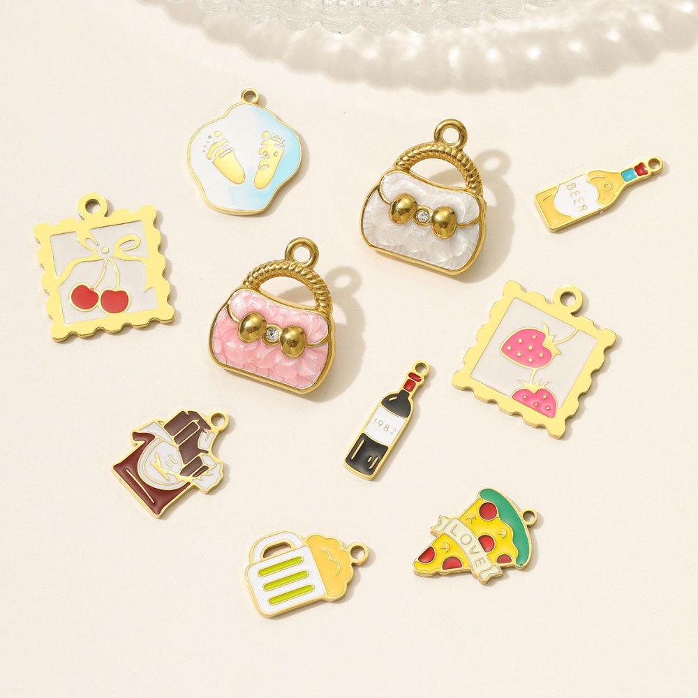 6pcs/pack Stainless Steel Enamel Hand Bag Cherry Necklace Pendants Winebottle Pizza DIY Charms Women Beer Chocolate Jewelry