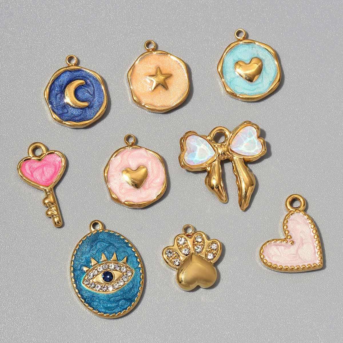6pcs/pack Stainless Steel Enamel Heart Key DIY Charm Strawberry Moon Knotbow Pendants Woman Jewelry Bracelet Necklace Making