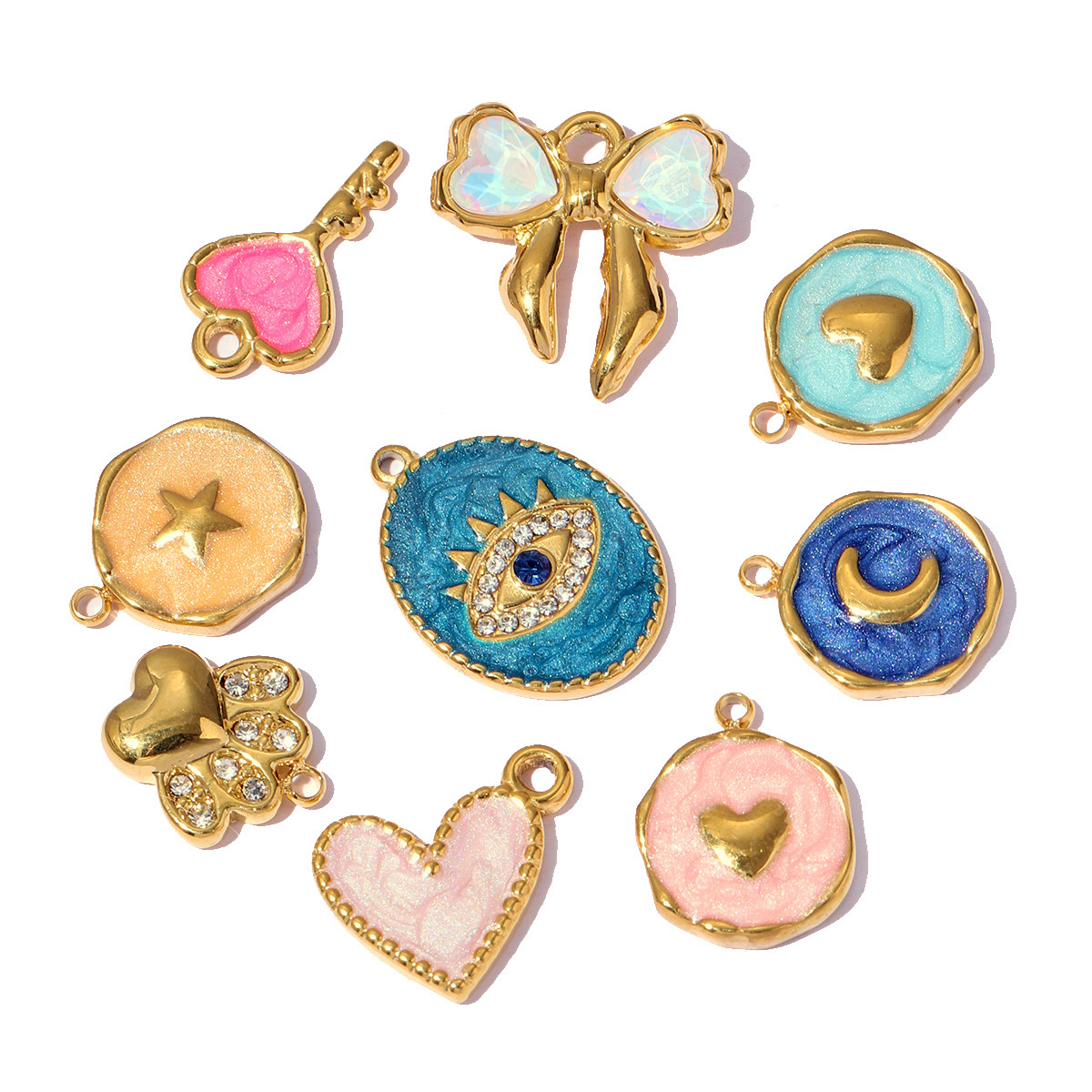 6pcs/pack Stainless Steel Heart Zircon Bear Paw DIY Charm Love Key Star Coffe Cup Pendant Woman Necklace Bracelet Making Jewelry