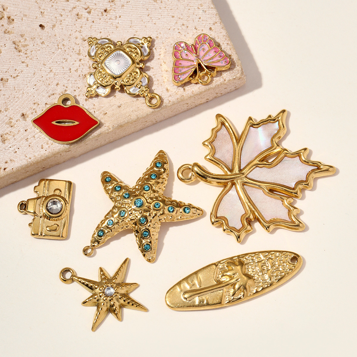 6pcs/pack Oval Plam Tree Star Stainless Steel DIY Bracelet Charms Enamel Red Mouth Lip Butterfly Necklace Pendants Woman Jewelry