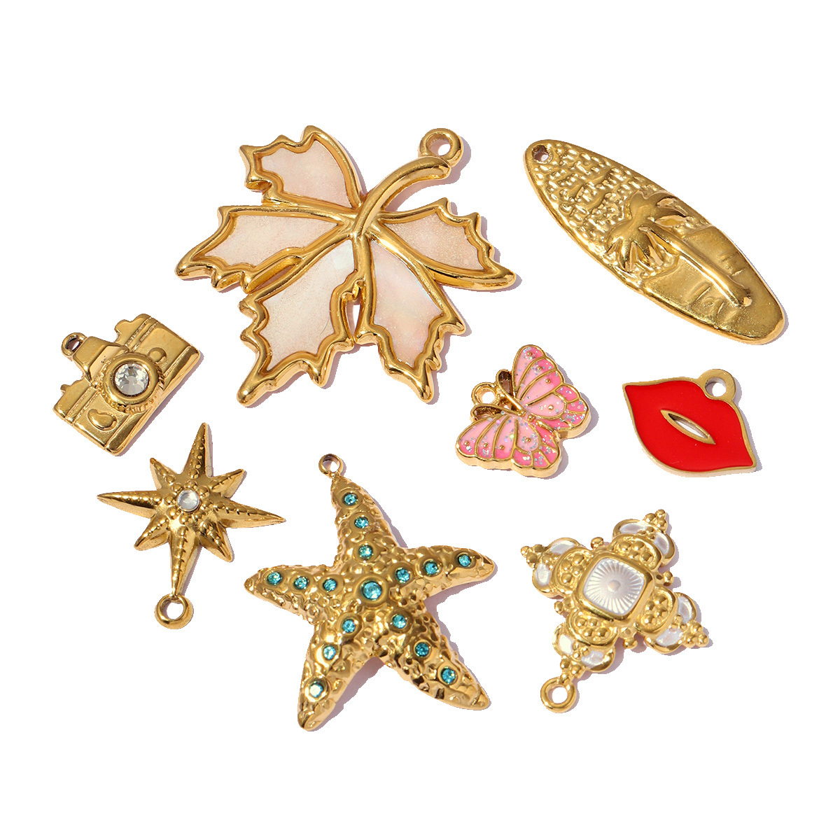6pcs/pack Oval Plam Tree Star Stainless Steel DIY Bracelet Charms Enamel Red Mouth Lip Butterfly Necklace Pendants Woman Jewelry