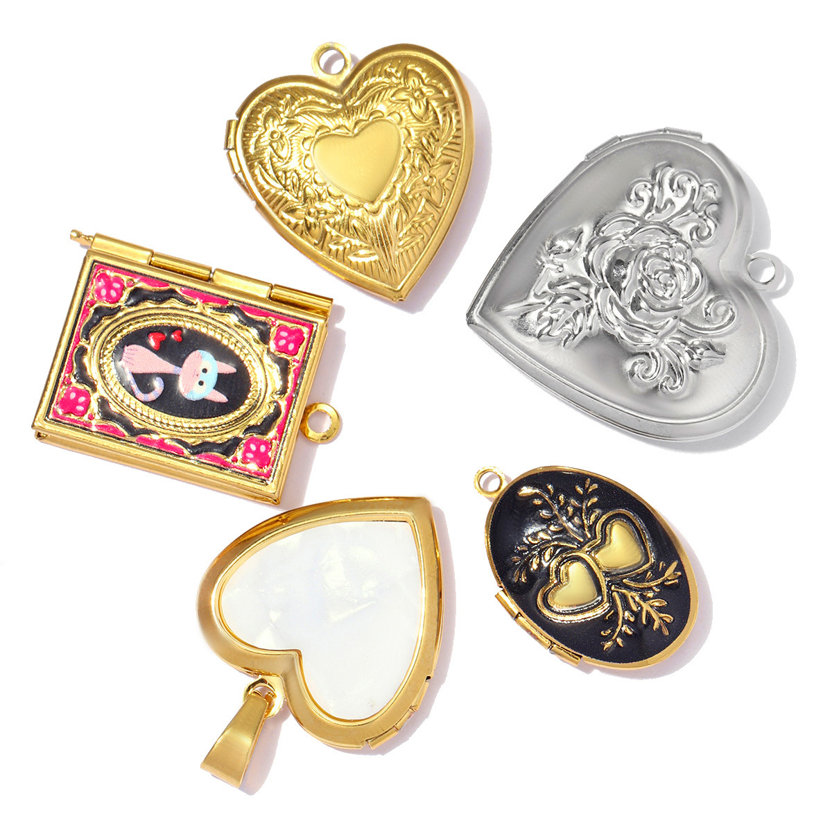 6pcs/pack Oval Virgin Mary Stainless Steel DIY Charm Woman Flower Embossed Heart Star Picture Locket Pendant Necklace Jewelry