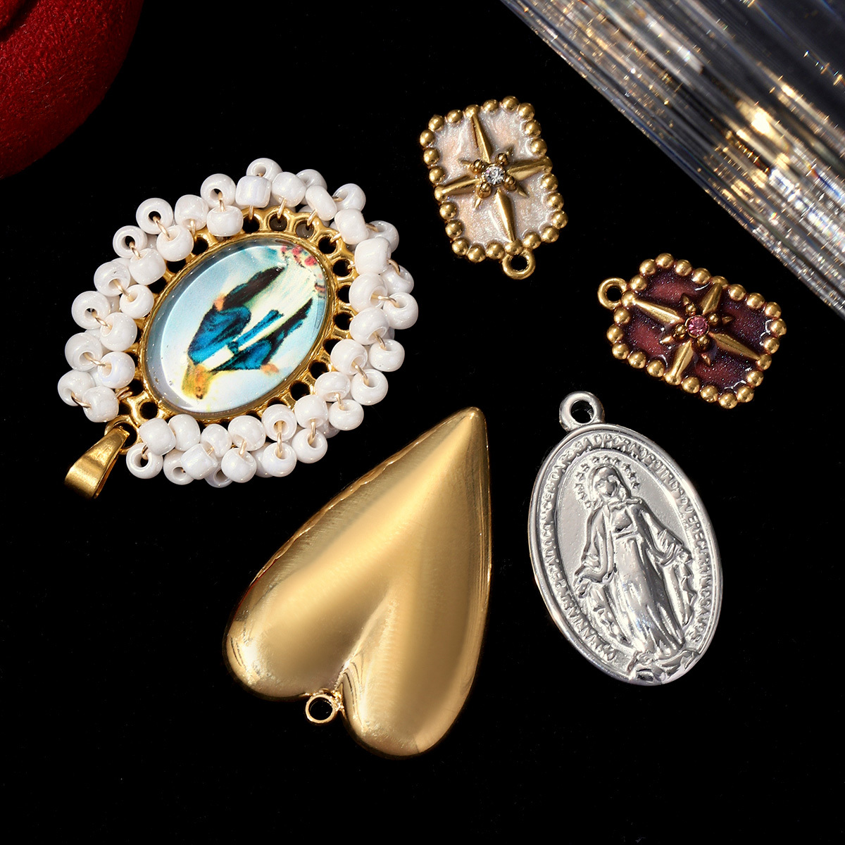 6pcs/pack Stainless Steel Holy Mother Cross DIY Earring Charm Oval Picture Locket Necklace Pendants Woman Heart Jewelry Wholesale