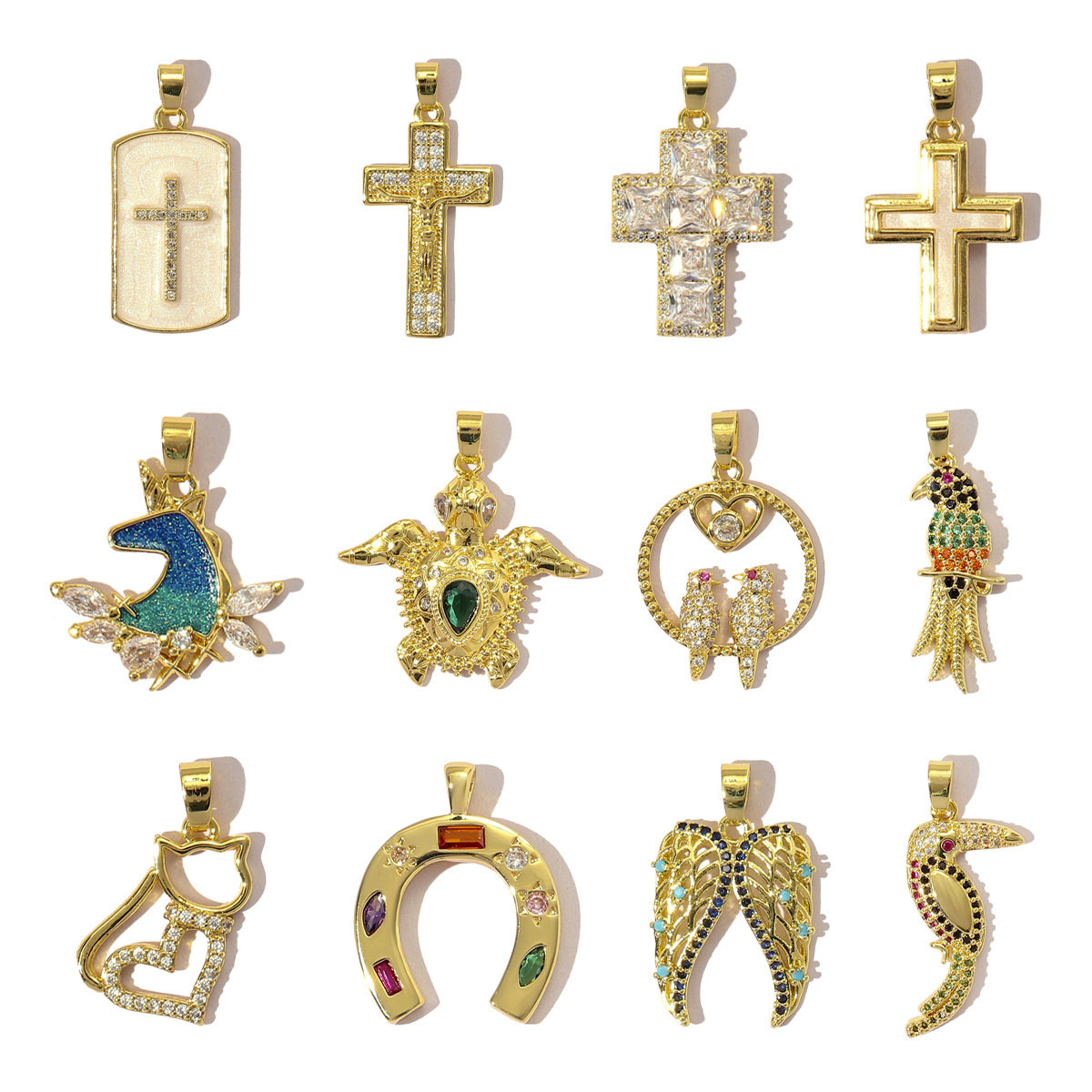 6pcs/pack Luxury Cubic Zircon Horseshoe Cross Pendant Angel Wing Unicorn Turtle Copper CZ Charms For DIY Jewelry Necklace Making