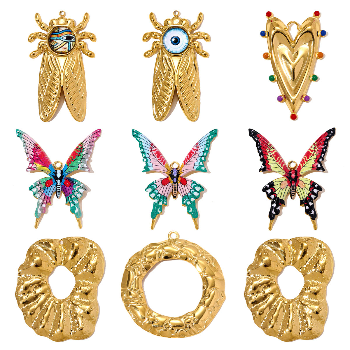 6pcs/pack Stainless Steel Cicada Butterfly Necklace Pendants Enamel Love Heart DIY Earring Charms Women Geometric Jewelry Wholesale