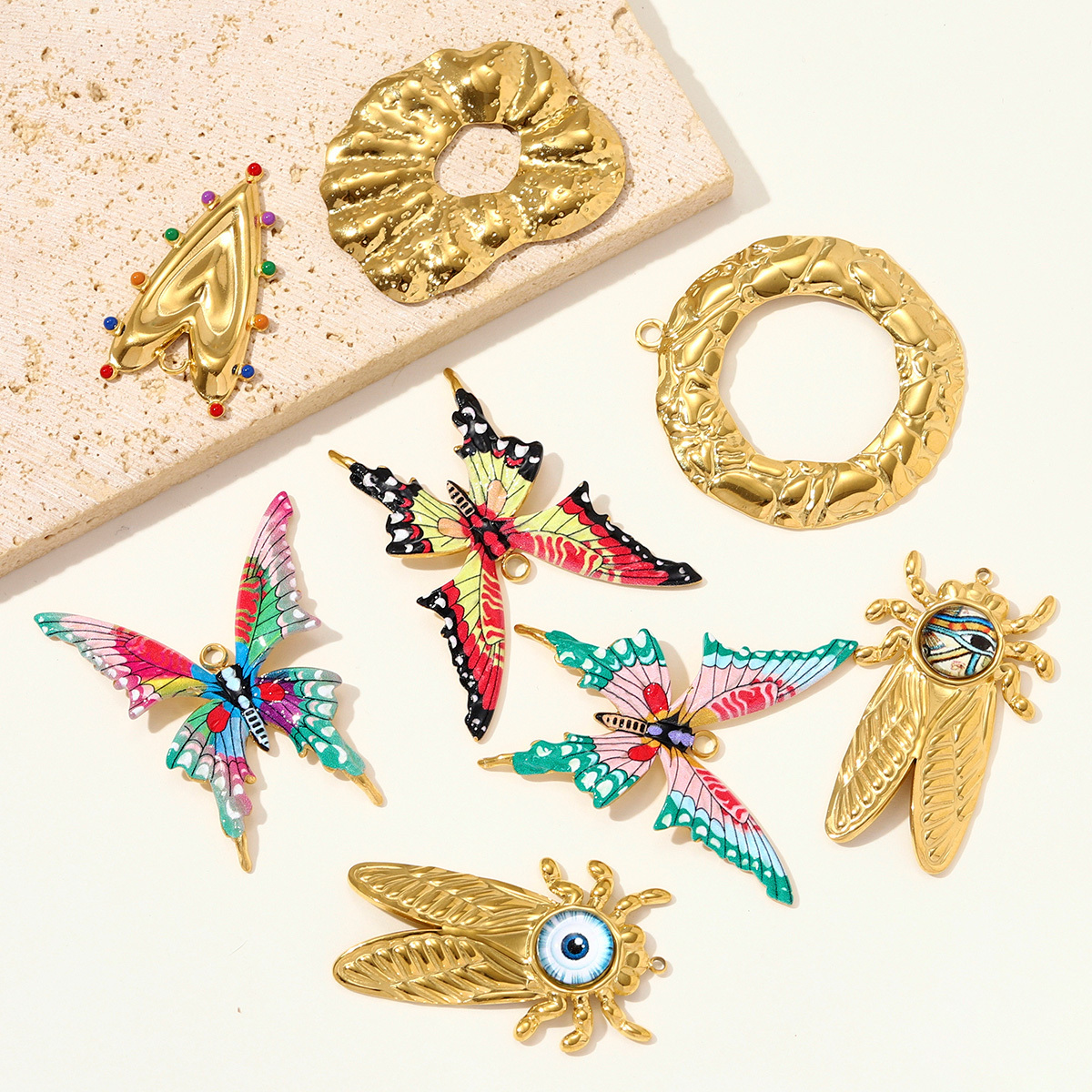6pcs/pack Stainless Steel Cicada Butterfly Necklace Pendants Enamel Love Heart DIY Earring Charms Women Geometric Jewelry Wholesale