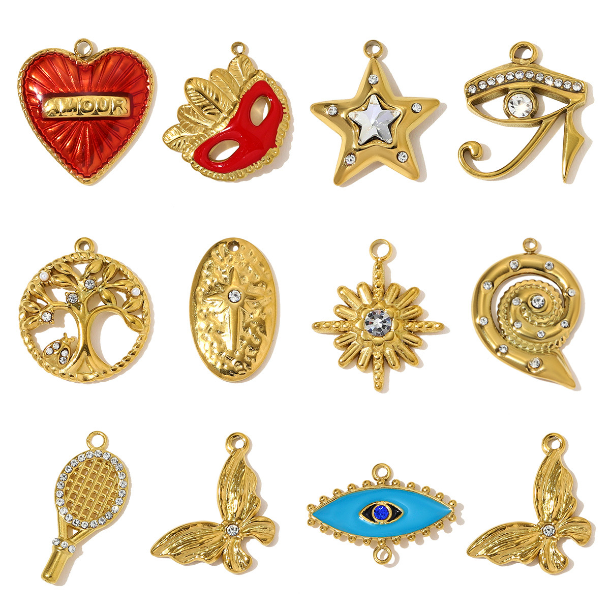 6pcs/pack Stainless Steel Rhinestone Life Tree Star Necklace Pendant Conch Eye Heart DIY Charm Women Mask Jewelry Wholesale