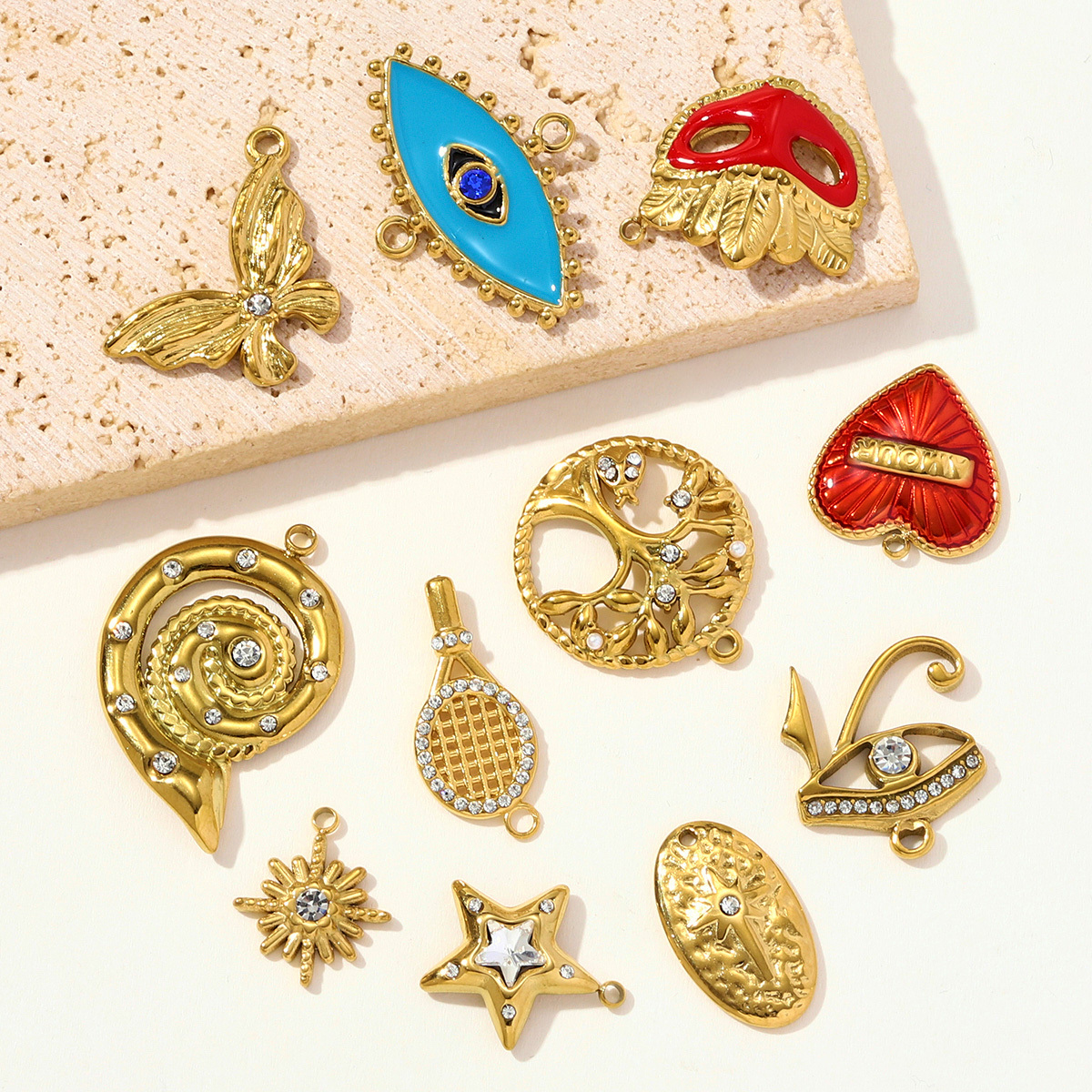 6pcs/pack Stainless Steel Rhinestone Life Tree Star Necklace Pendant Conch Eye Heart DIY Charm Women Mask Jewelry Wholesale