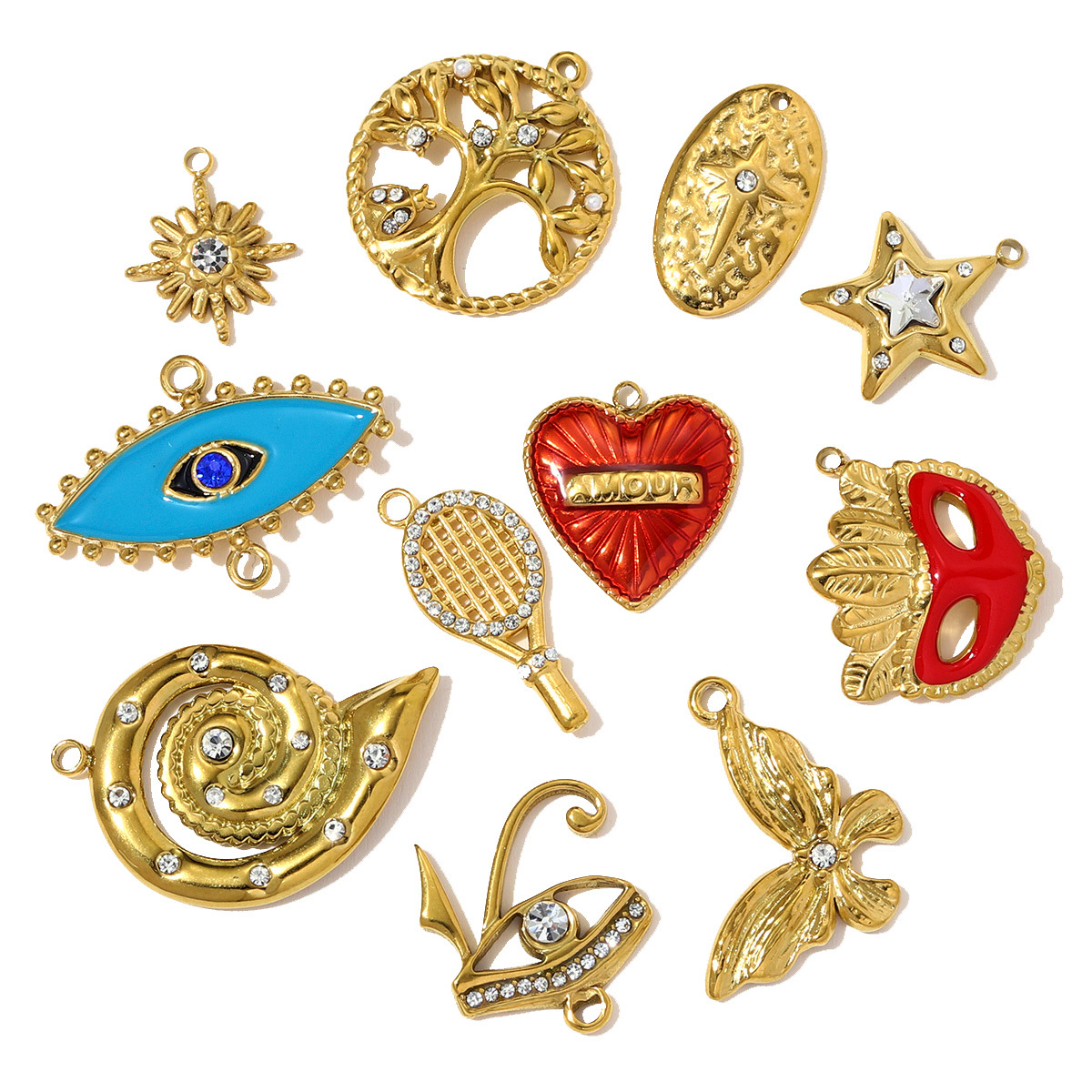 6pcs/pack Stainless Steel Rhinestone Life Tree Star Necklace Pendant Conch Eye Heart DIY Charm Women Mask Jewelry Wholesale