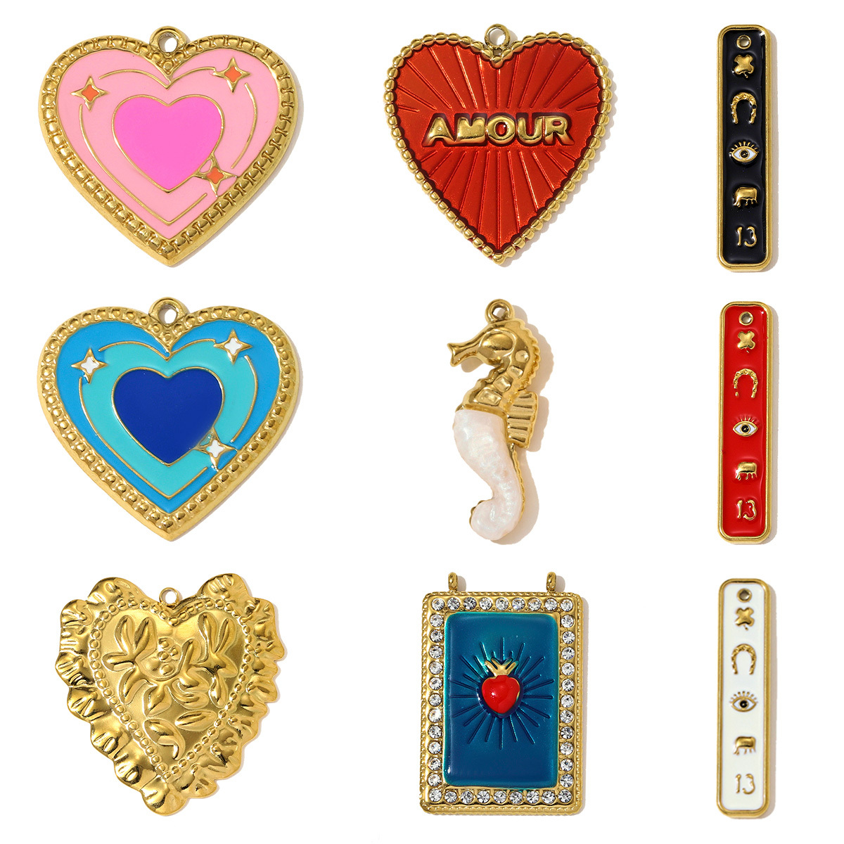6pcs/pack French Love Heart Seahorse Stainless Steel Necklace Pendant Amour Horseshoe DIY Charm Women Cube Jewelry Wholesale