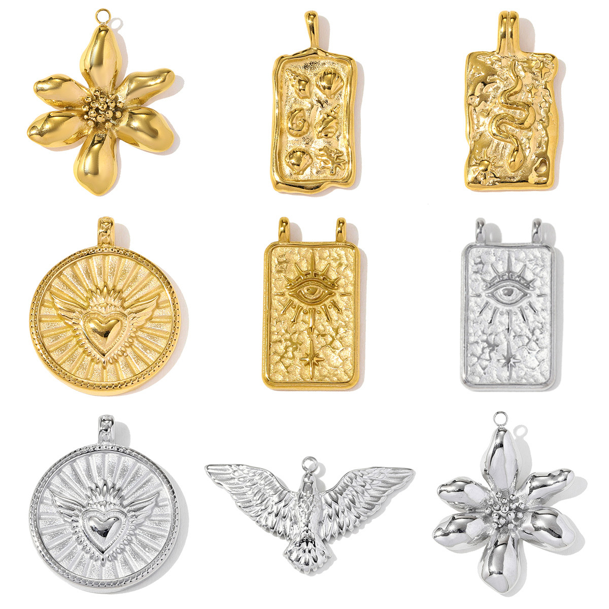 6pcs/pack Stainless Steel Flower Evil Eye Necklace Pendant Snake Eagle DIY Charm Women Never Fade Love Heart Jewelry Wholesale