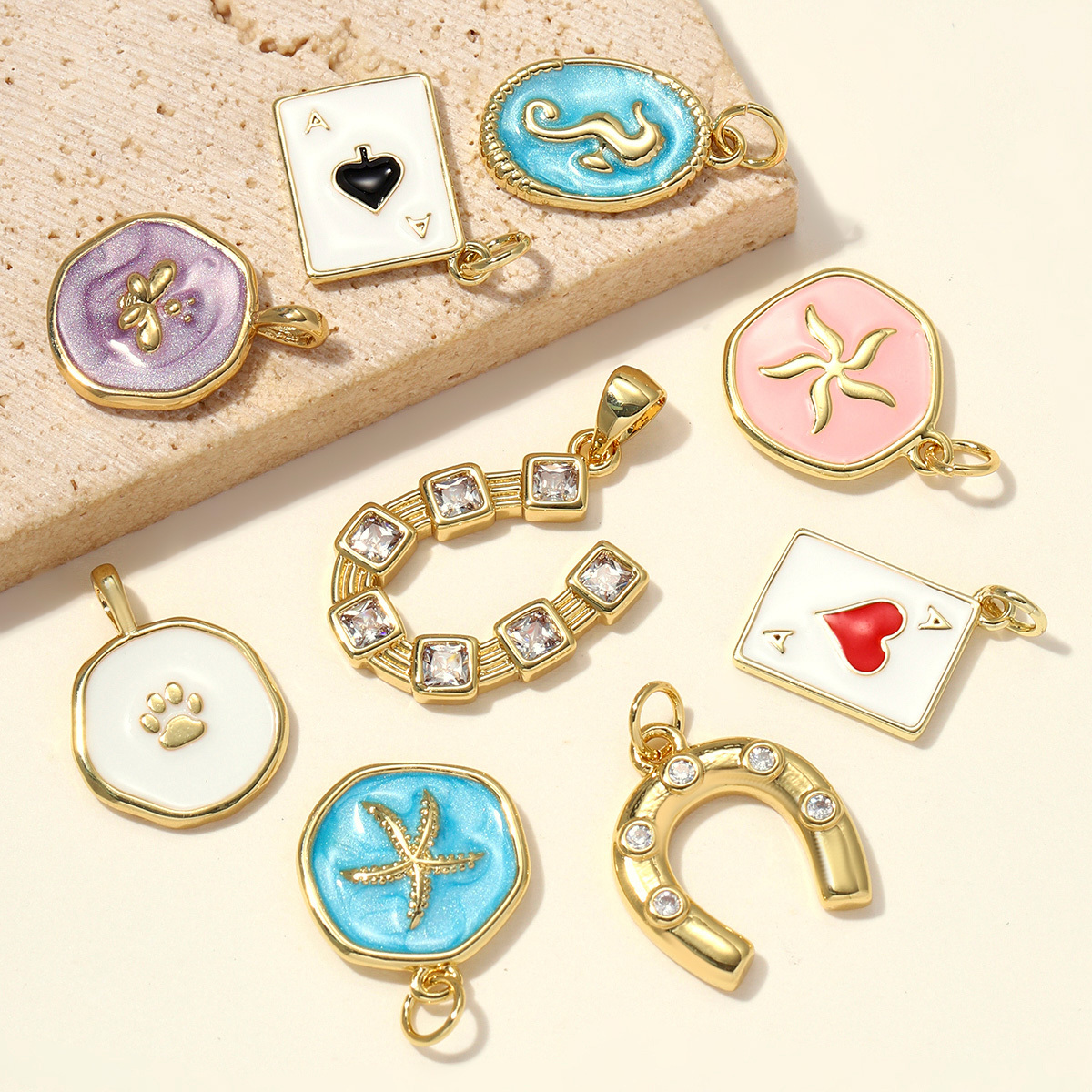 6pcs/pack Enamel Ace Heart Poker Seahorse Copper Zircon DIY Charm Women Fish Tail Flower Pendant Bracelet Necklace Making Jewelry