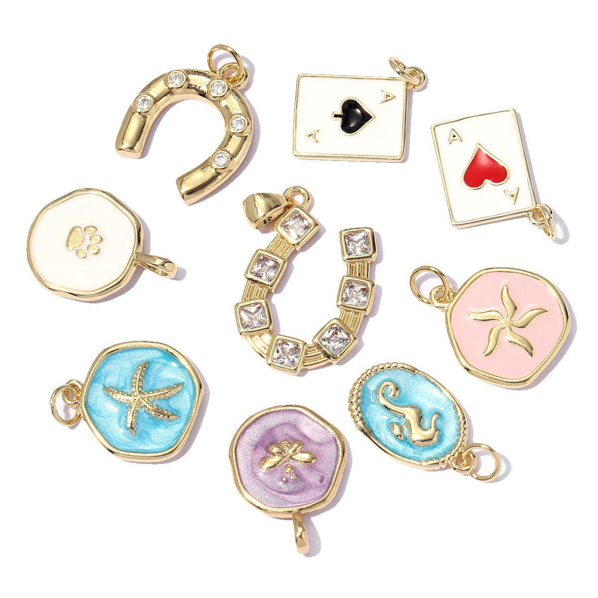 6pcs/pack Enamel Ace Heart Poker Seahorse Copper Zircon DIY Charm Women Fish Tail Flower Pendant Bracelet Necklace Making Jewelry