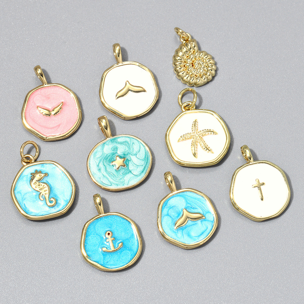 6pcs/pack Copper Enamel Poker Seahorse DIY Charm Women Zircon Horseshoe Flower Necklace Pendants Boot Jewelry Wholesale