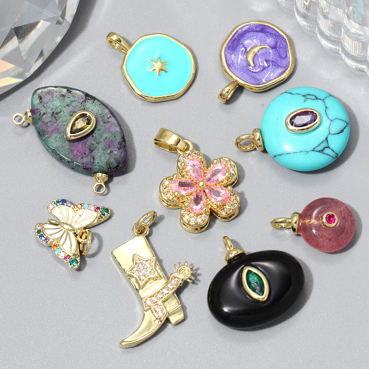 6pcs/pack Enamel Moon Star Anchor Copper Zircon Diy Charms Women Jewelry Oval Turquoise Evil Eye Necklace Pendant Bracelet Making