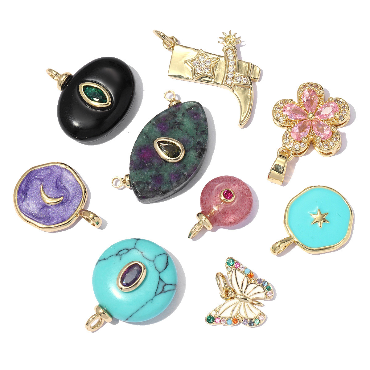 6pcs/pack Enamel Ace Heart Poker Seahorse Copper Zircon DIY Charm Women Fish Tail Flower Pendant Bracelet Necklace Making Jewelry