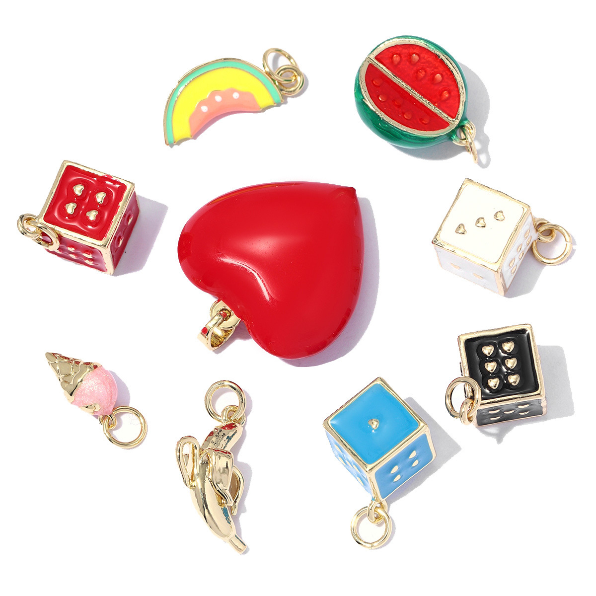 6pcs/pack Copper Enamel Love Heart Dice DIY Earring Charms Women Wine Glass Banana Necklace Pendants Fruit Jewelry Wholesale