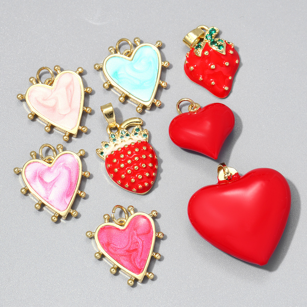6pcs/pack Enamel Strawberry Copper Zircon Diy Charms Women Jewelry Irregular Love Heart Wings Necklace Pendants Bracelet Making