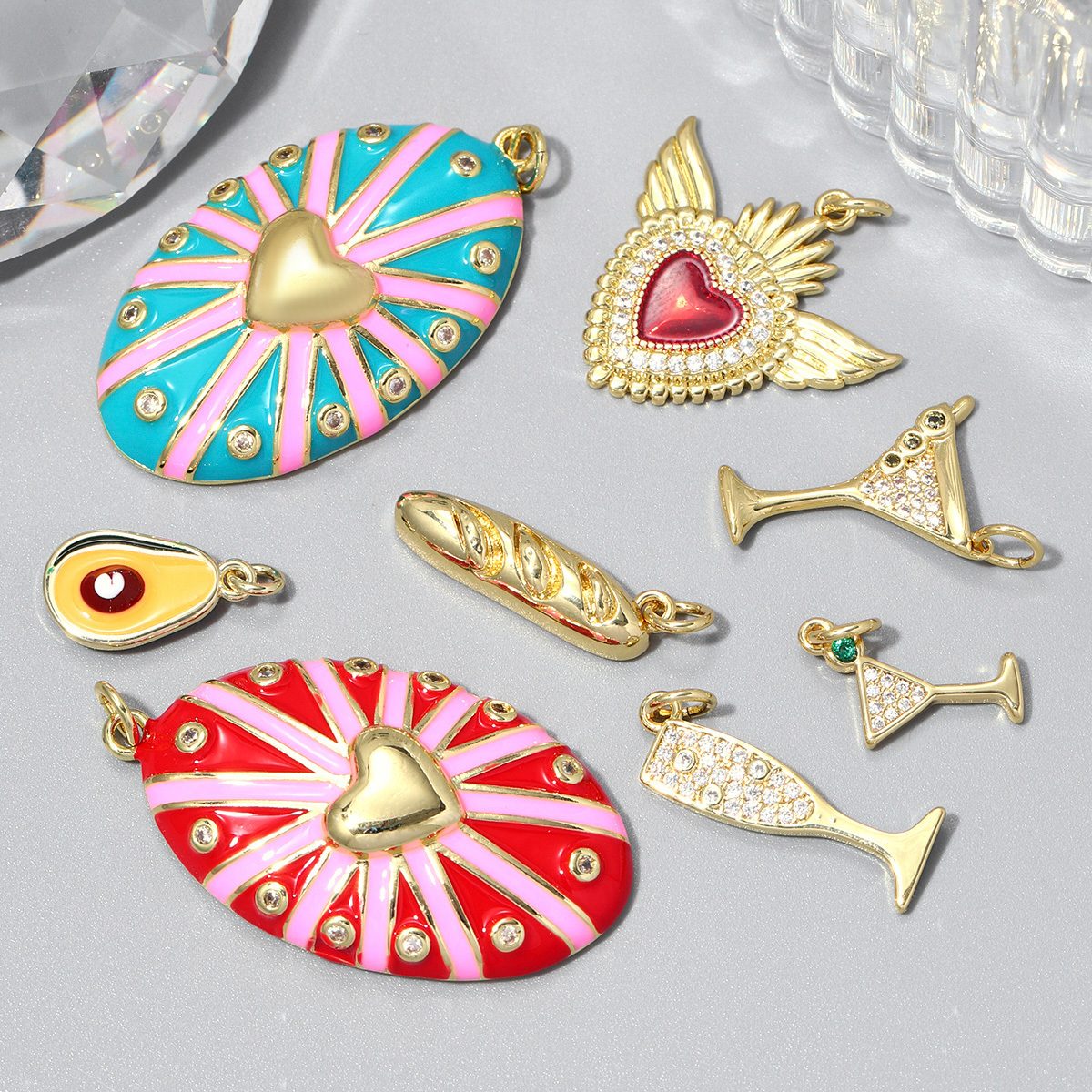 6pcs/pack Enamel Heart Copper Zircon DIY Earring Charms Women Champagne Flute Wine Glass Avocado Necklace Pendants Fruit Jewelry