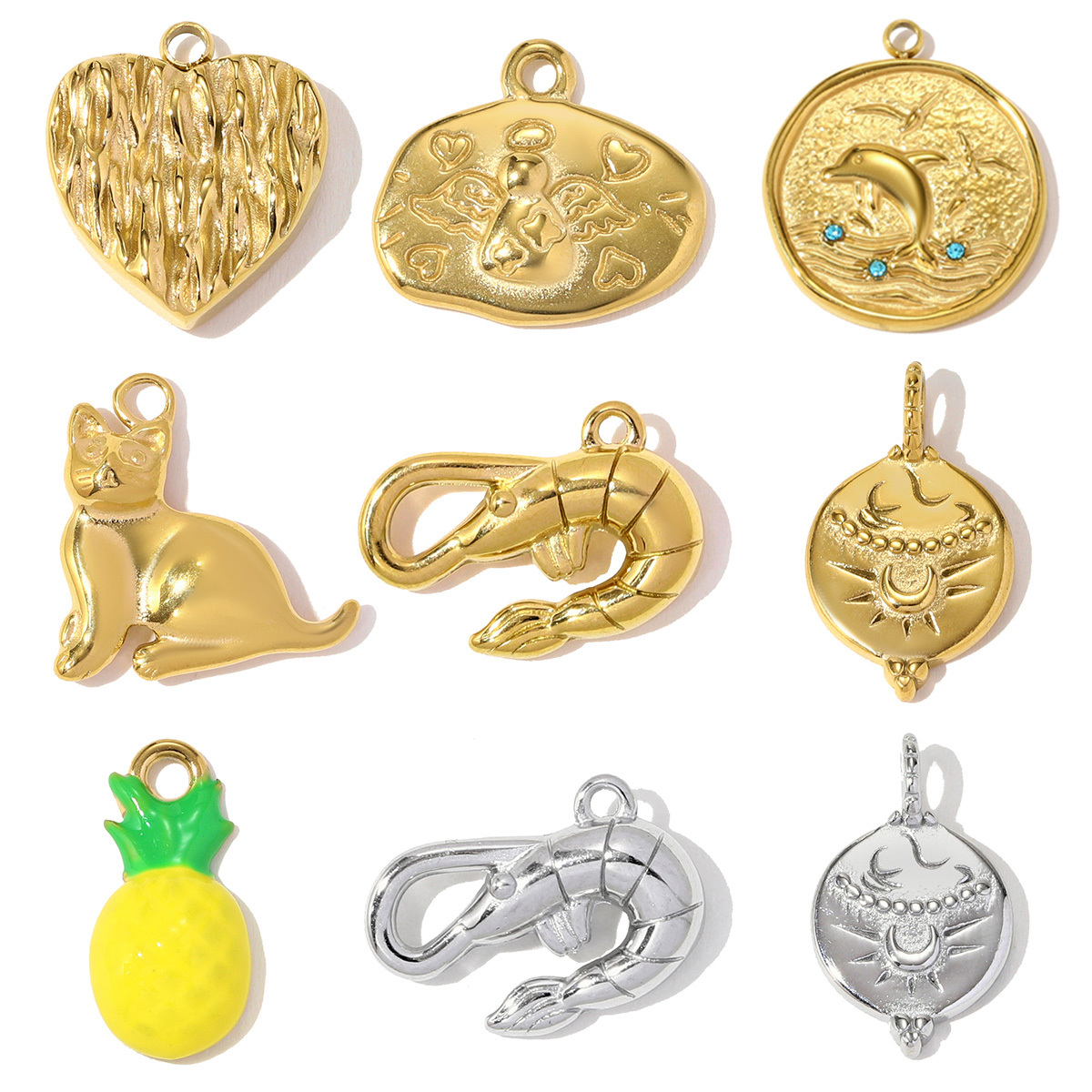 6pcs/pack Stainless Steel Cat Dolphin Necklace Pendant Lobster Pineapple DIY Charm Women Angel Love Heart Jewelry Wholesale