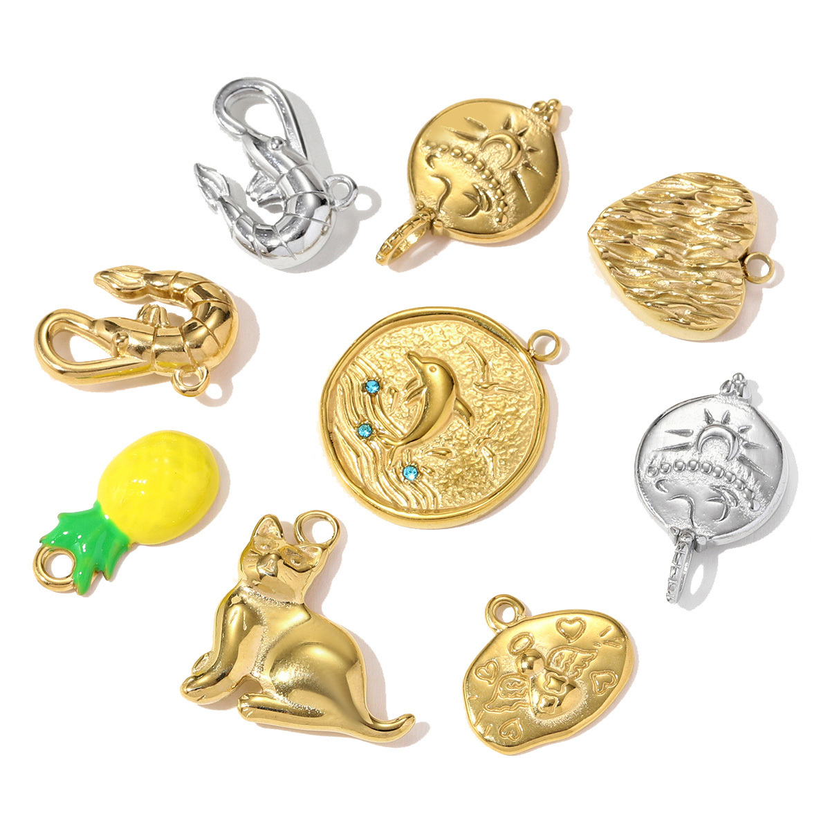 6pcs/pack Stainless Steel Cat Dolphin Necklace Pendant Lobster Pineapple DIY Charm Women Angel Love Heart Jewelry Wholesale