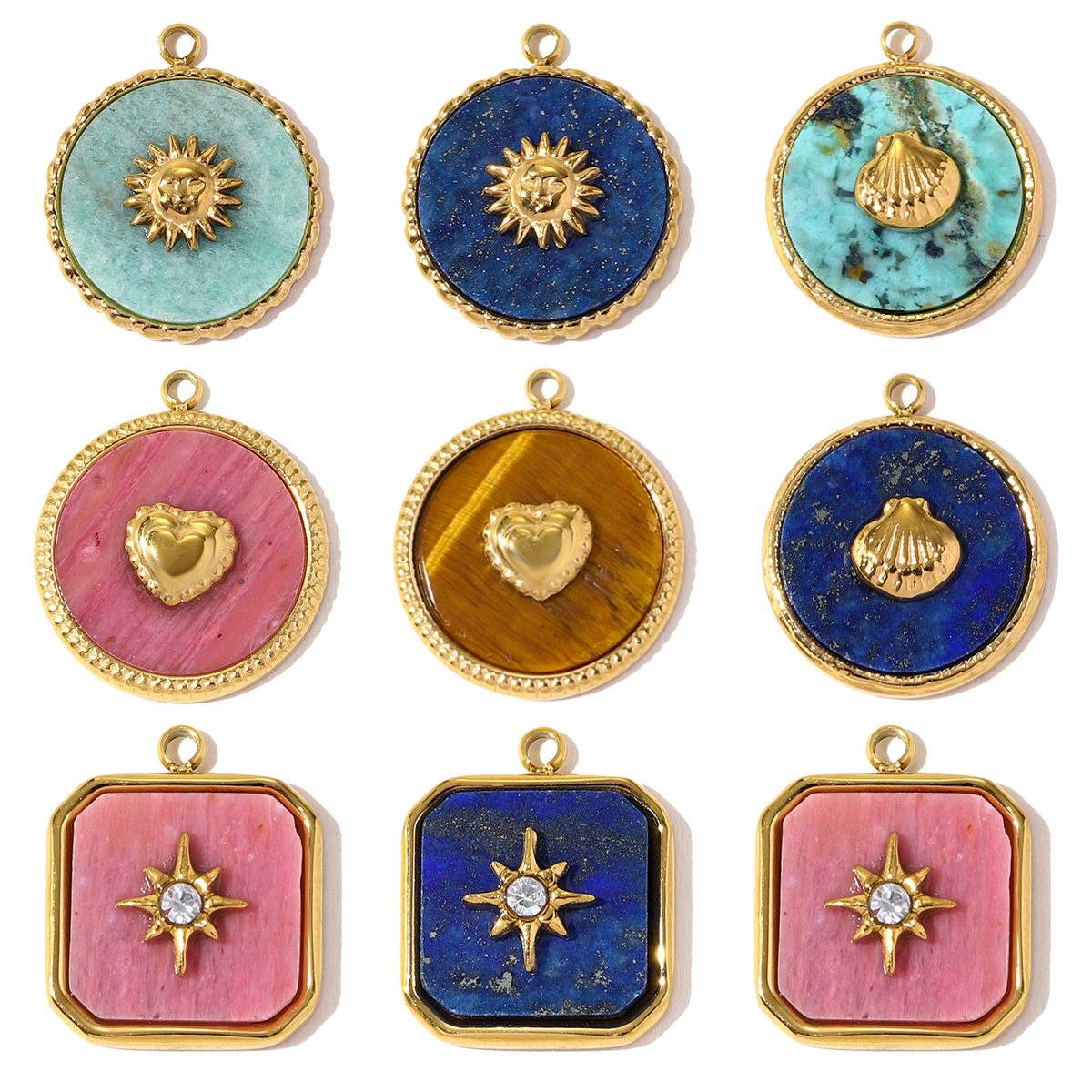 6pcs/pack Stainless Steel French Retro Love Heart Necklace Pendant Sun Shell DIY Charm Women Natural Stone Jewelry Wholesale