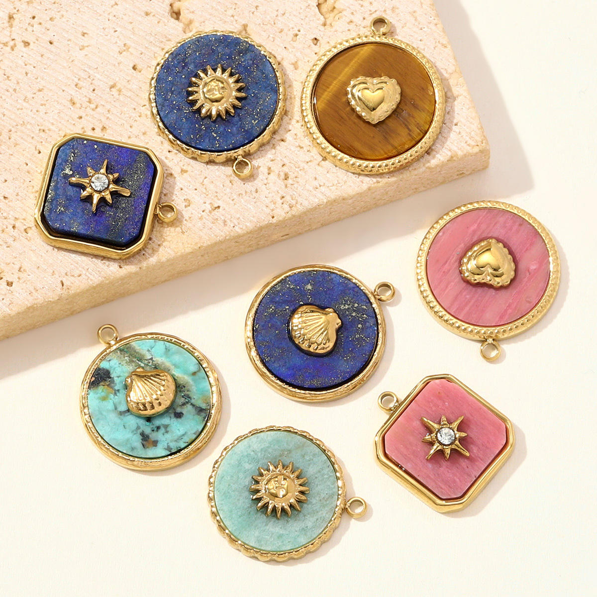 6pcs/pack Stainless Steel French Retro Love Heart Necklace Pendant Sun Shell DIY Charm Women Natural Stone Jewelry Wholesale